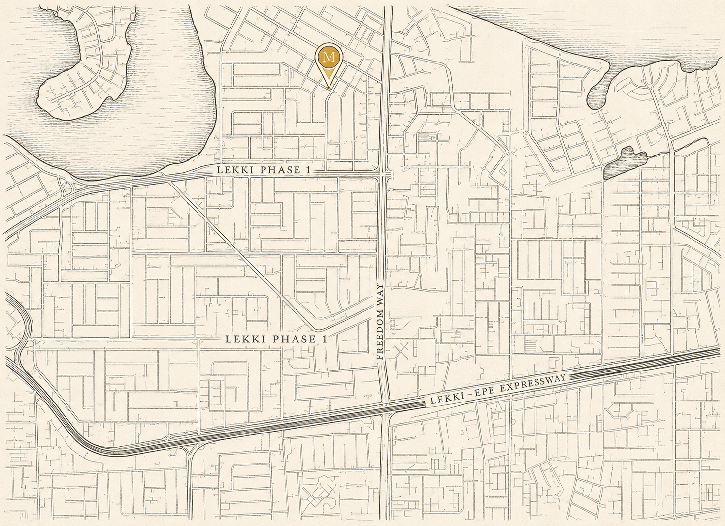 Illustrated engraved map of Lekki Phase 1, Lagos, marking Hotel Medallion's location off Admiralty Way