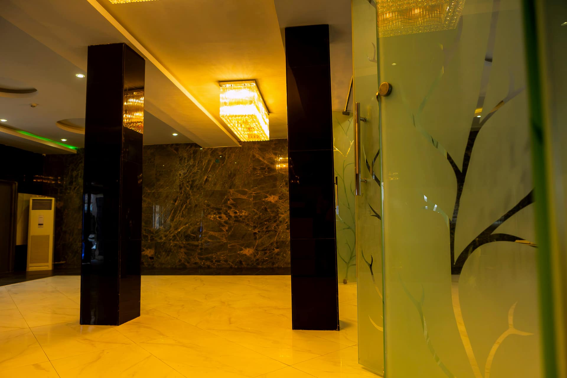 Marble and black-column detail in the Medallion hall